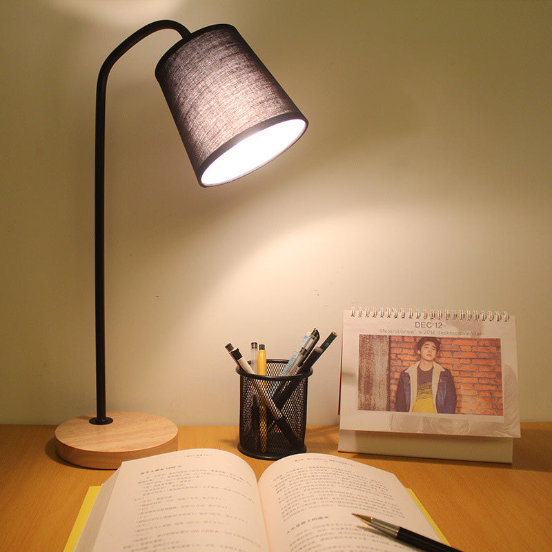 Conical Fabric Task Light Modernism 1 Bulb Black Small Desk Lamp with Beige Round Wood Base