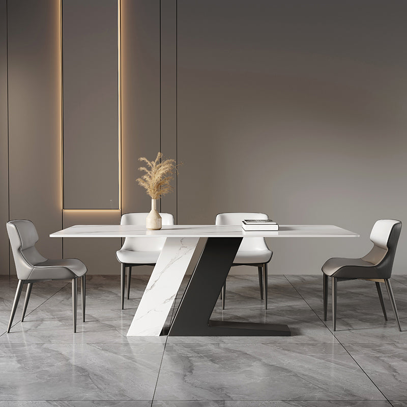 Mesa de cocina rectangular moderna de piedra sinterizada, mesa superior de piedra blanca con pedestal doble