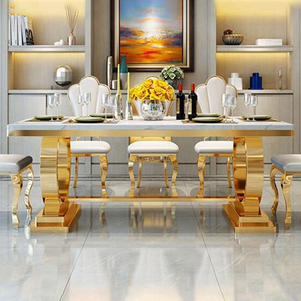 Mesa de comedor de mármol de lujo tradicional mesa rectangular con base de metal dorado