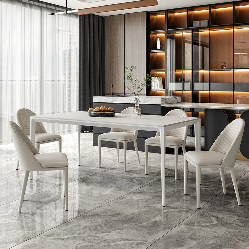 Mesa de comedor rectangular de simplicidad Mesa de piedra sinterizada con 4 piernas blancas