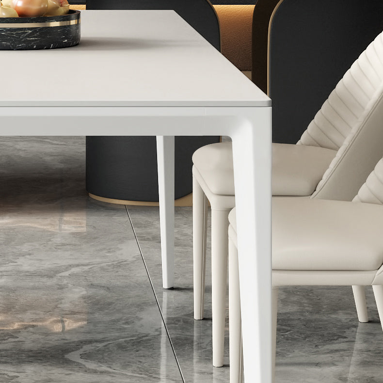 Mesa de comedor rectangular de simplicidad Mesa de piedra sinterizada con 4 piernas blancas