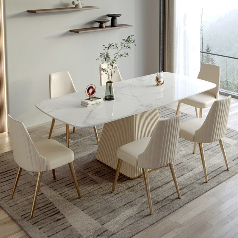 Mesa de comedor de lujo tradicional rectángulo Mesa de piedra sinterizada con base de pedestal blanco