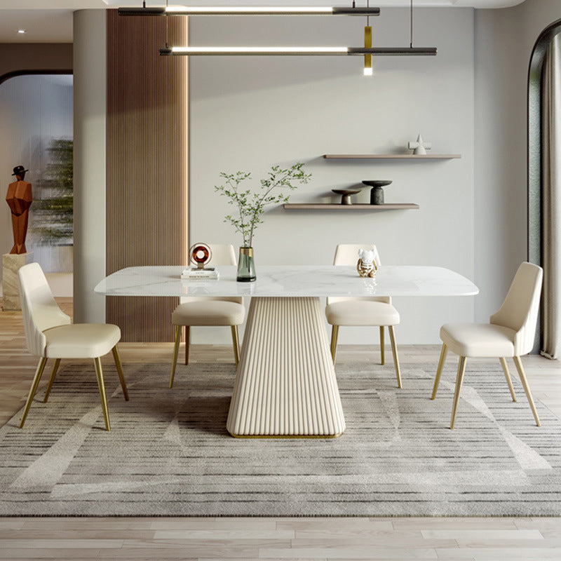 Mesa de comedor de lujo tradicional rectángulo Mesa de piedra sinterizada con base de pedestal blanco