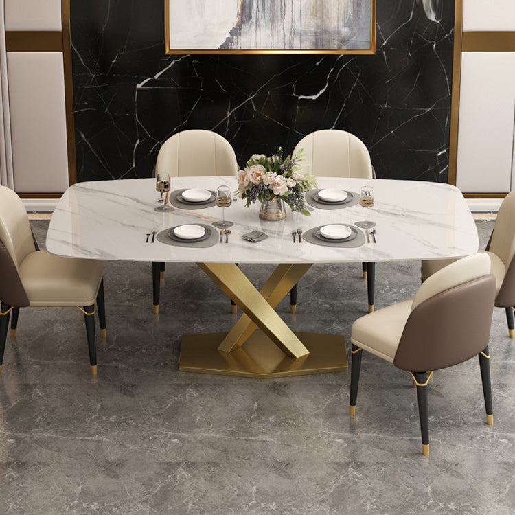 Table à manger rectangulaire de luxe traditionnelle, en pierre frittée blanche, avec socle doré