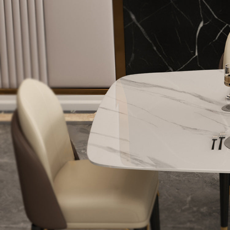 Table à manger rectangulaire de luxe traditionnelle, en pierre frittée blanche, avec socle doré