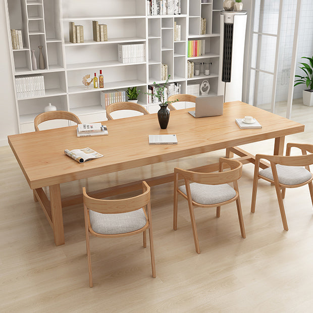 Rectangle Industrial Dining Room Table Pine Solid Wood Table with Trestle Base