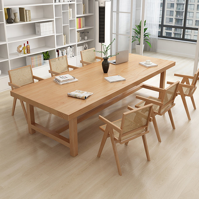 Rectangle Industrial Dining Room Table Pine Solid Wood Table with Trestle Base