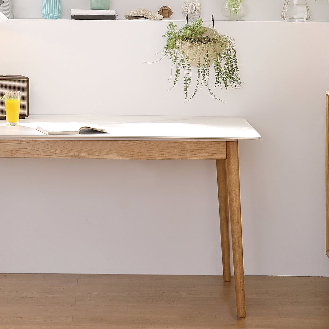 Simplicity Rectangle Dining Table White Sintered Stone Table with 4 Oak Solid Wood Legs