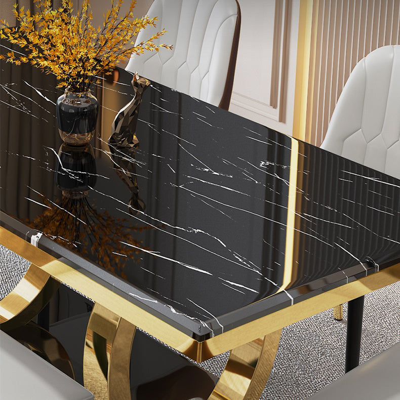 Luxury Marble Dining Table Rectangle Table with Metal Pedestal in Gold