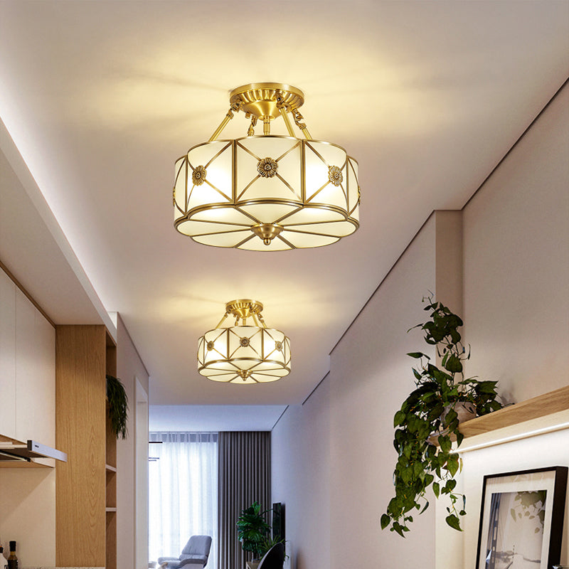 Lámpara de techo de bronce y vidrio, luz de techo de cobre de estilo colonial para dormitorio