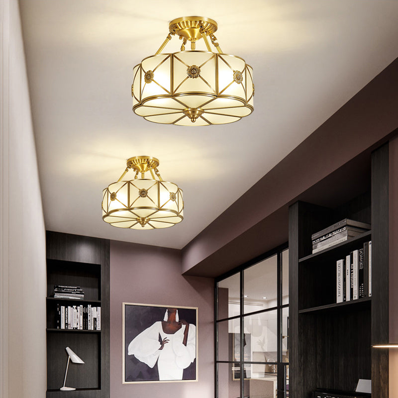 Lámpara de techo de bronce y vidrio, luz de techo de cobre de estilo colonial para dormitorio