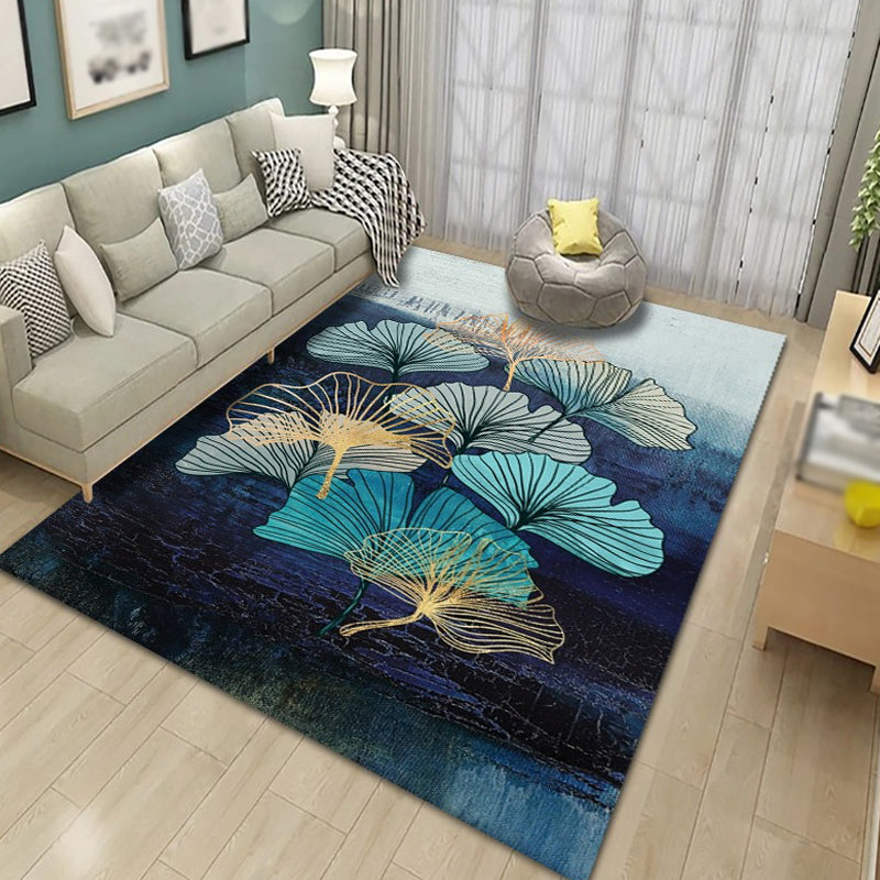 Black Plant Pattern Rug Modern Polyester Area Carpet Stain Resistant Area Rug for Home Decor