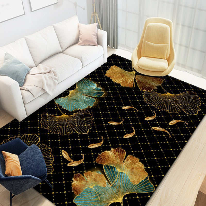 Black Plant Pattern Rug Modern Polyester Area Carpet Stain Resistant Area Rug for Home Decor