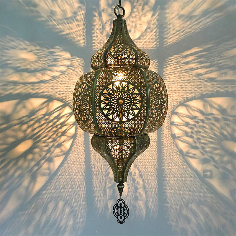 Antiqued Gourd Suspension Light 1 Head Metallic Hanging Pendant Lamp in Brass for Restaurant