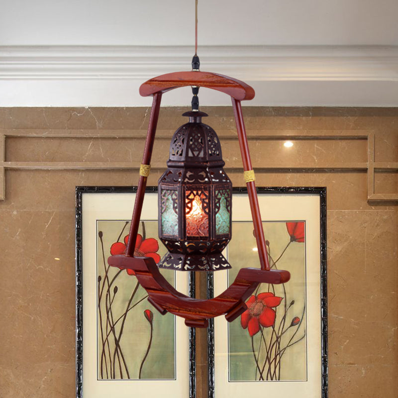 Lantern Bedroom Ceiling Light Rustic Metal 1 Light Copper Suspension Lamp with Wood Frame