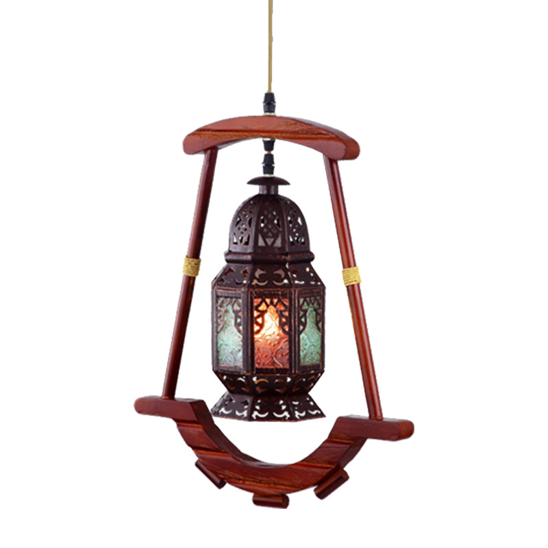 Lantern Bedroom Ceiling Light Rustic Metal 1 Light Copper Suspension Lamp with Wood Frame