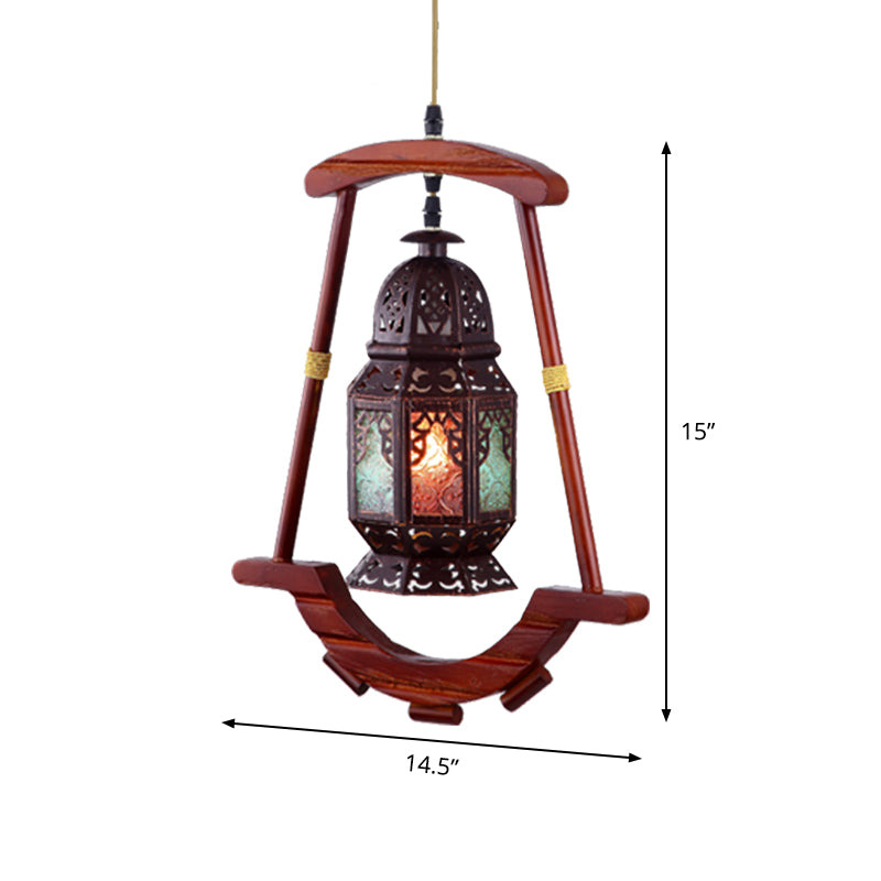 Lantern Bedroom Ceiling Light Rustic Metal 1 Light Copper Suspension Lamp with Wood Frame