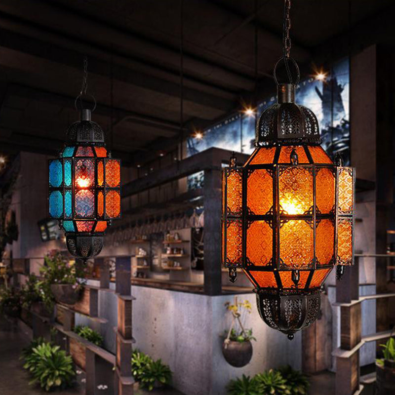 Black Lantern Pendant Vintage Metal 1-Bulb Restaurant Ceiling Light with Yellow Textured Glass Shade