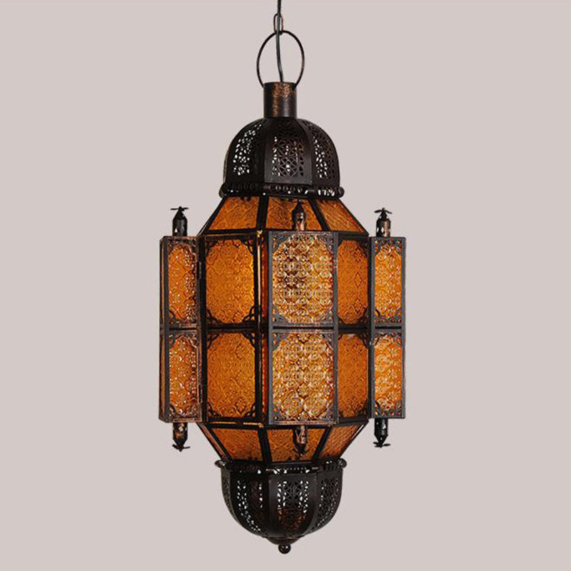 Black Lantern Pendant Vintage Metal 1-Bulb Restaurant Ceiling Light with Yellow Textured Glass Shade