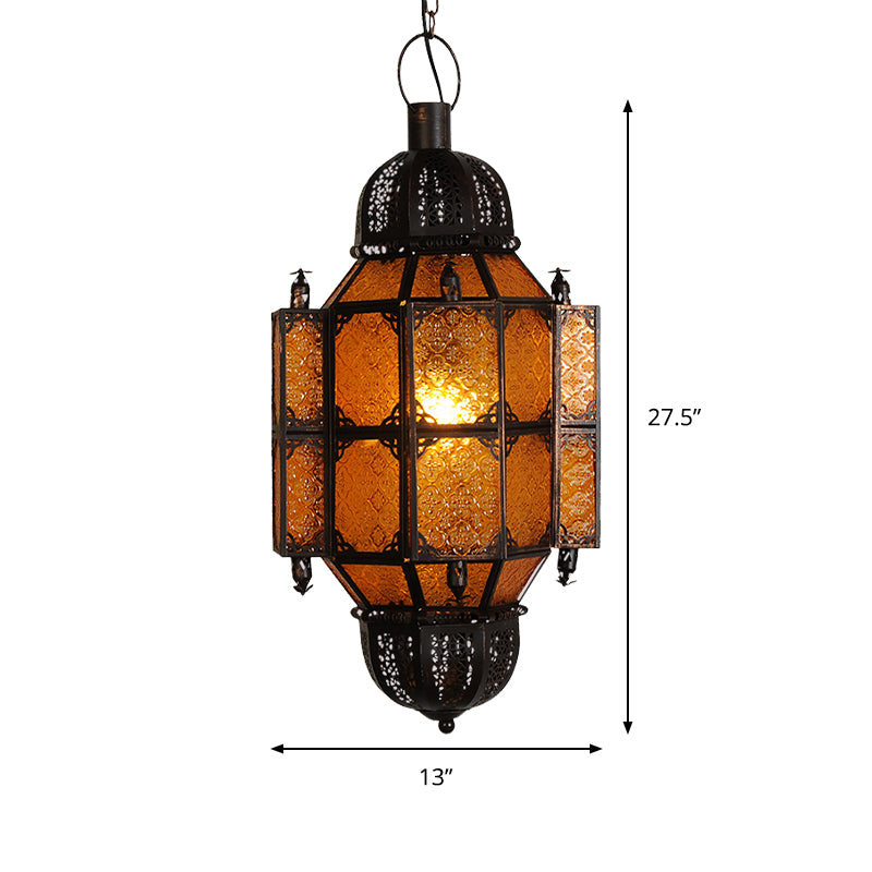 Black Lantern Pendant Vintage Metal 1-Bulb Restaurant Ceiling Light with Yellow Textured Glass Shade