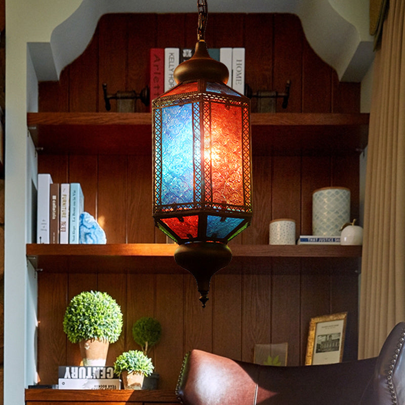 Art Deco Lantern Suspension Light 1 Bulb Metal Hanging Lamp in Copper for Restaurant