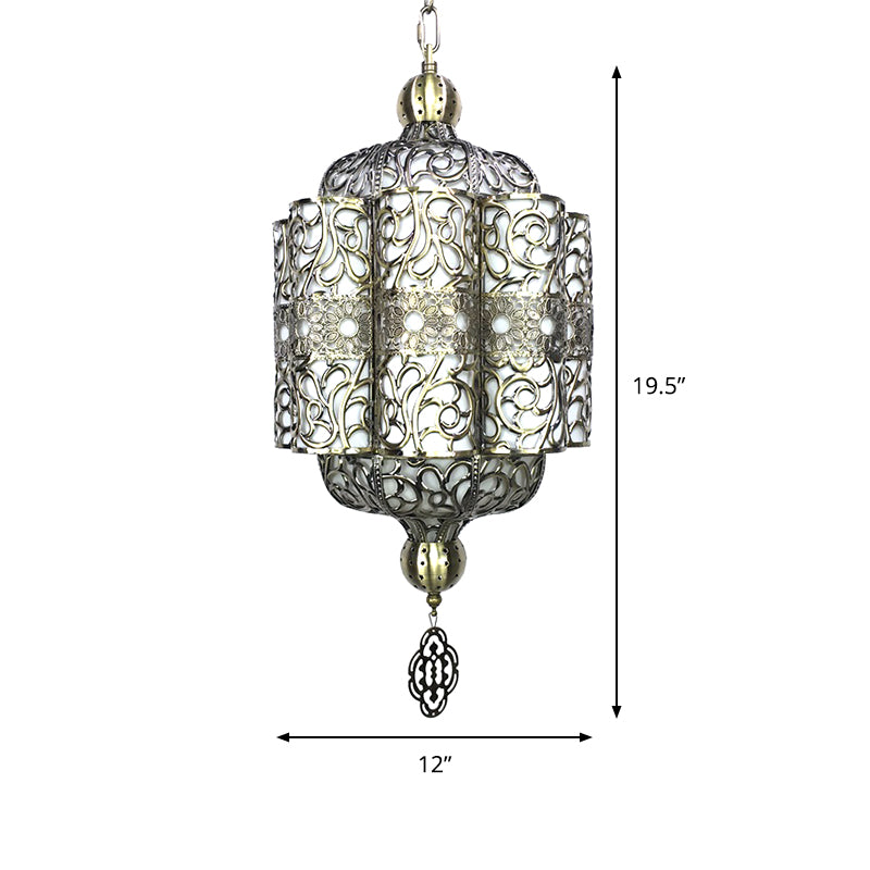 Antiqued Lantern Hanging Light Kit 4 Heads Metal Chandelier Lamp in Black with White Acrylic Shade