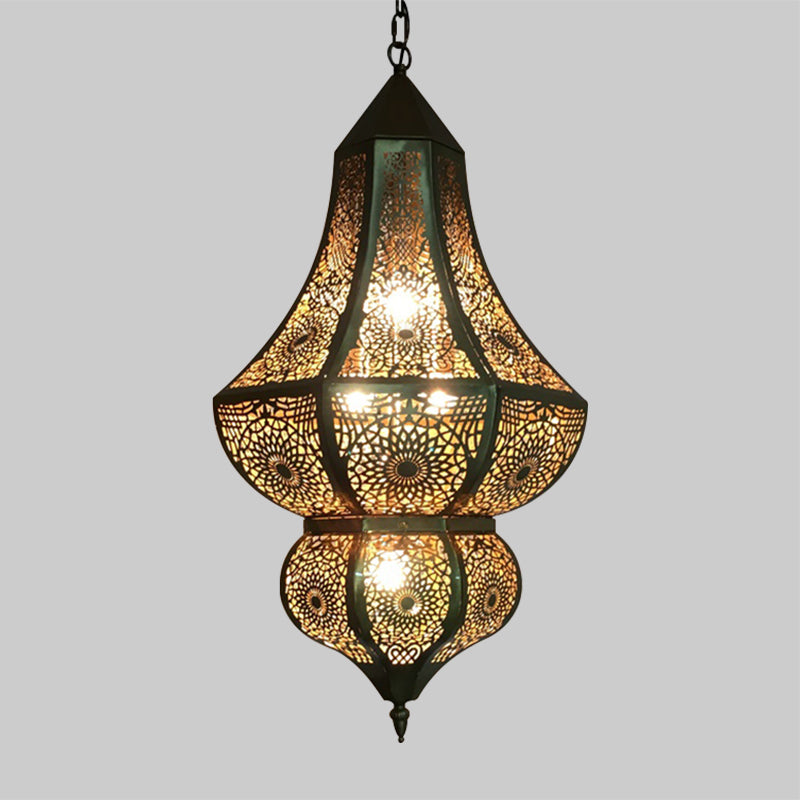 5 Lights Urn Pendant Chandelier Vintage Brass Metal Arab Hanging Lamp with Hollow Out Design