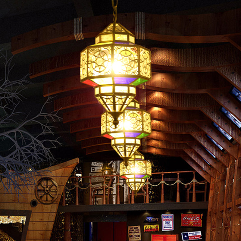 Metallic Brass Pendant Light Lantern 1-Head Southeast Asia Hanging Lamp with Clear Glass Shade