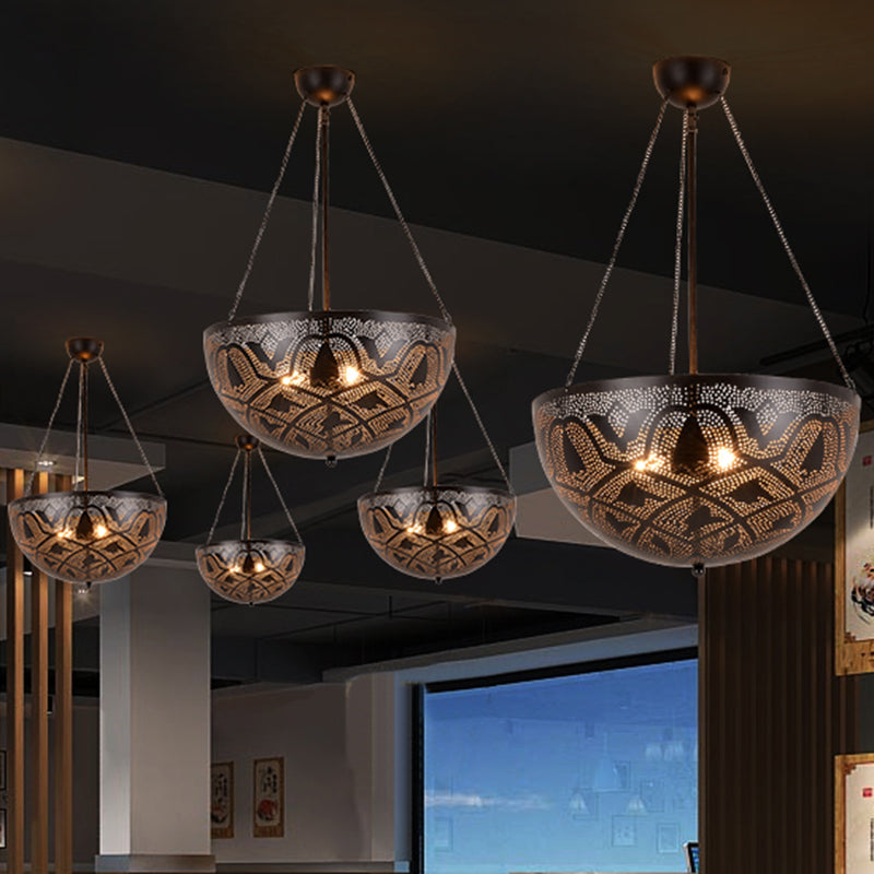 Bowl Restaurant Chandelier Vintage Metal 3-Light Black Hanging Ceiling Lamp with Hollow-Out Spot/Circle/Flower Pattern