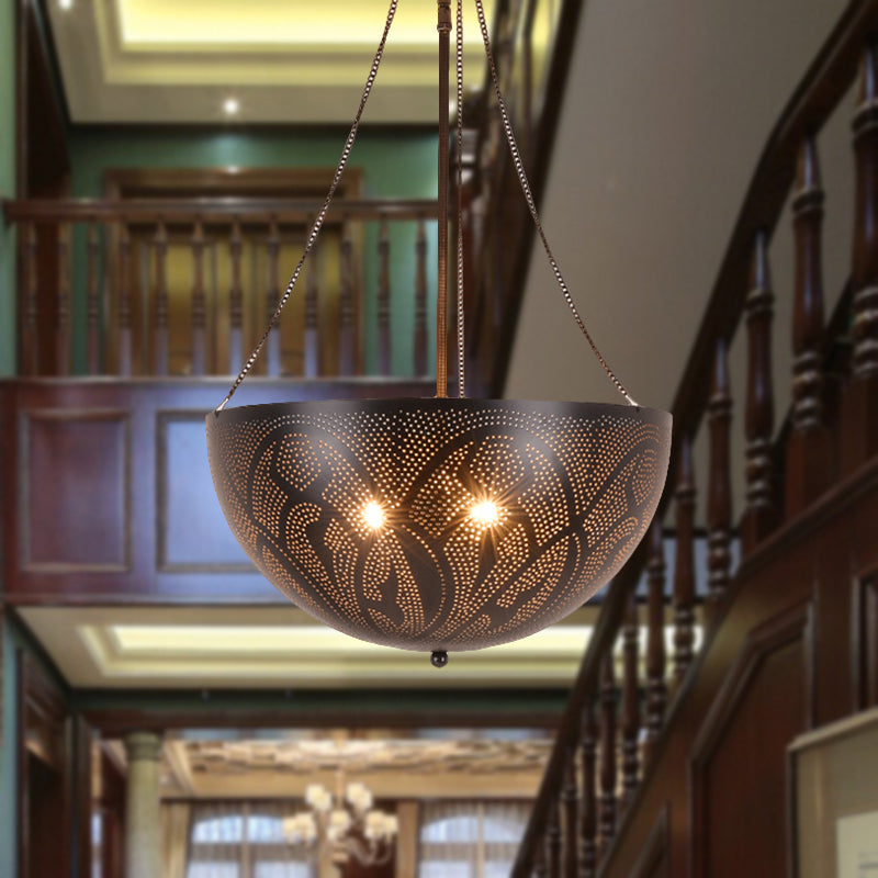 Bowl Restaurant Chandelier Vintage Metal 3-Light Black Hanging Ceiling Lamp with Hollow-Out Spot/Circle/Flower Pattern