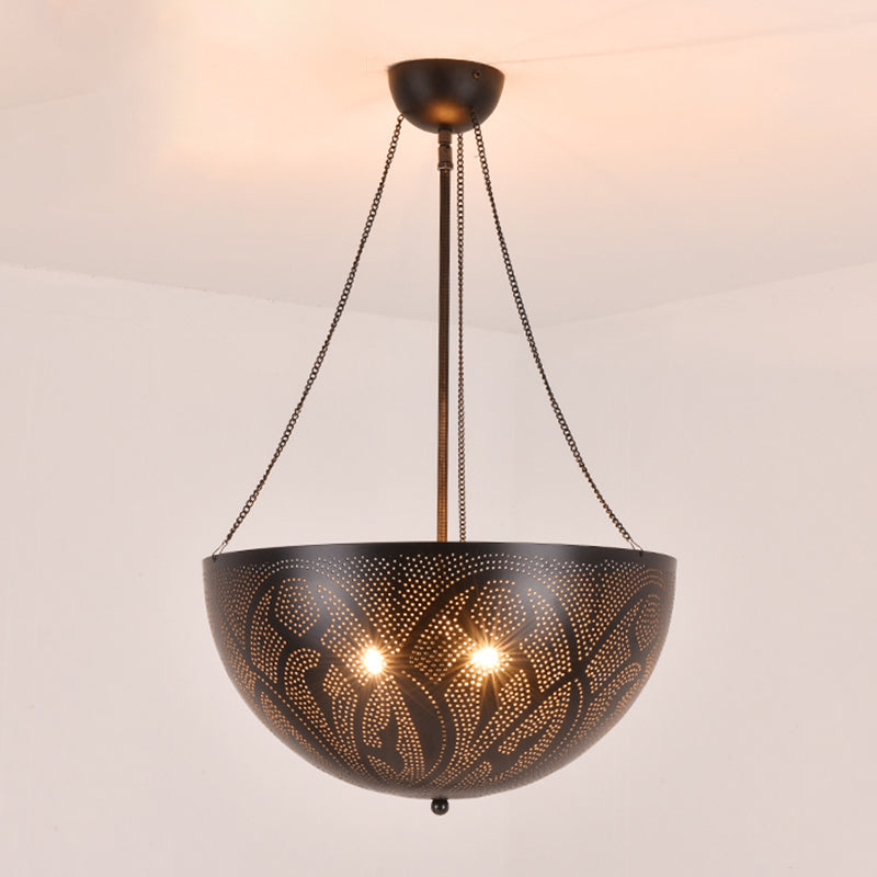 Bowl Restaurant Chandelier Vintage Metal 3-Light Black Hanging Ceiling Lamp with Hollow-Out Spot/Circle/Flower Pattern