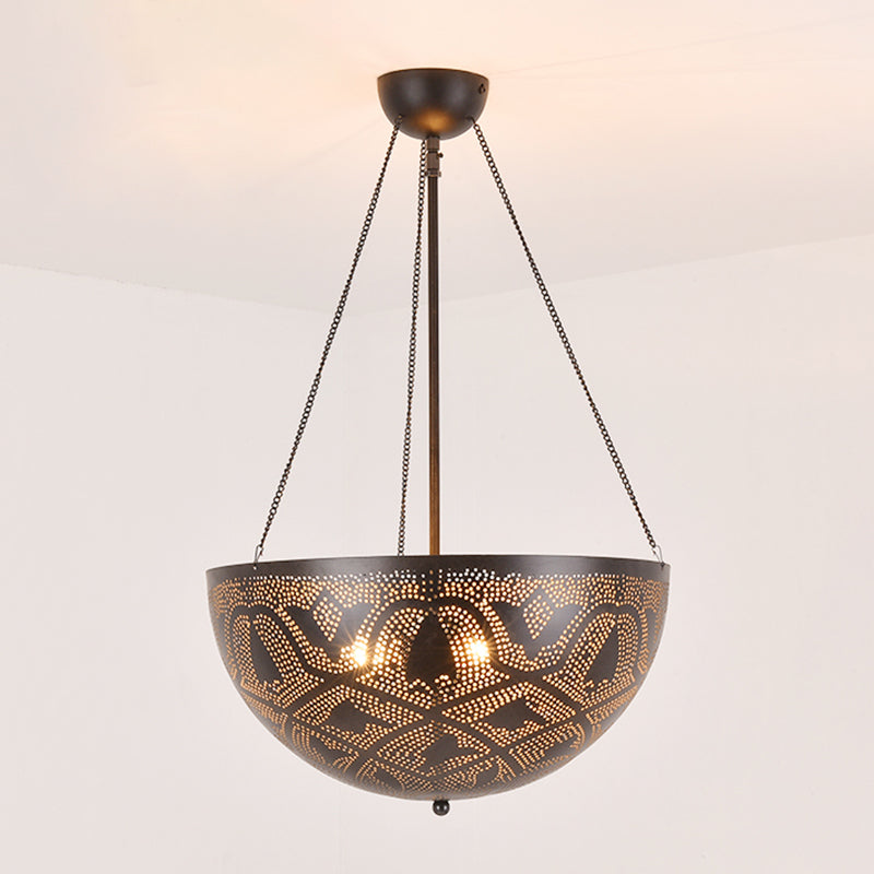 Bowl Restaurant Chandelier Vintage Metal 3-Light Black Hanging Ceiling Lamp with Hollow-Out Spot/Circle/Flower Pattern