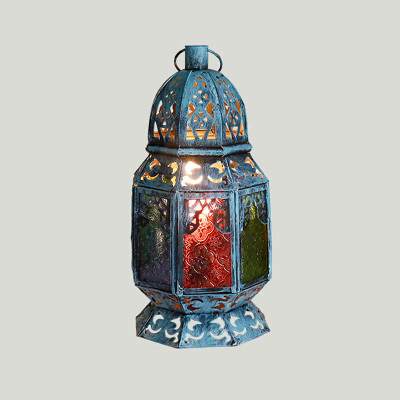Verouderde kandelaarde bureau licht 1 kop metalen nachttafellamp in blauw met getextureerde glazen schaduw