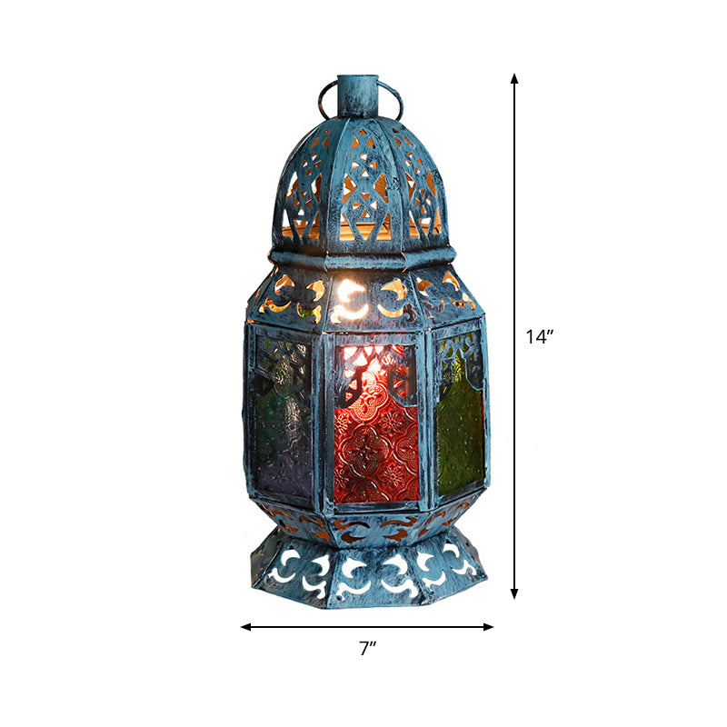 Verouderde kandelaarde bureau licht 1 kop metalen nachttafellamp in blauw met getextureerde glazen schaduw