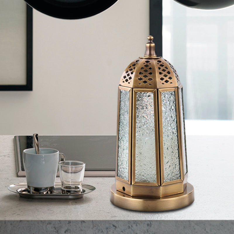 Antiqued Tower Desk Lighting 1 Head Clear Pebbled Glass Night Table Lamp in Brass