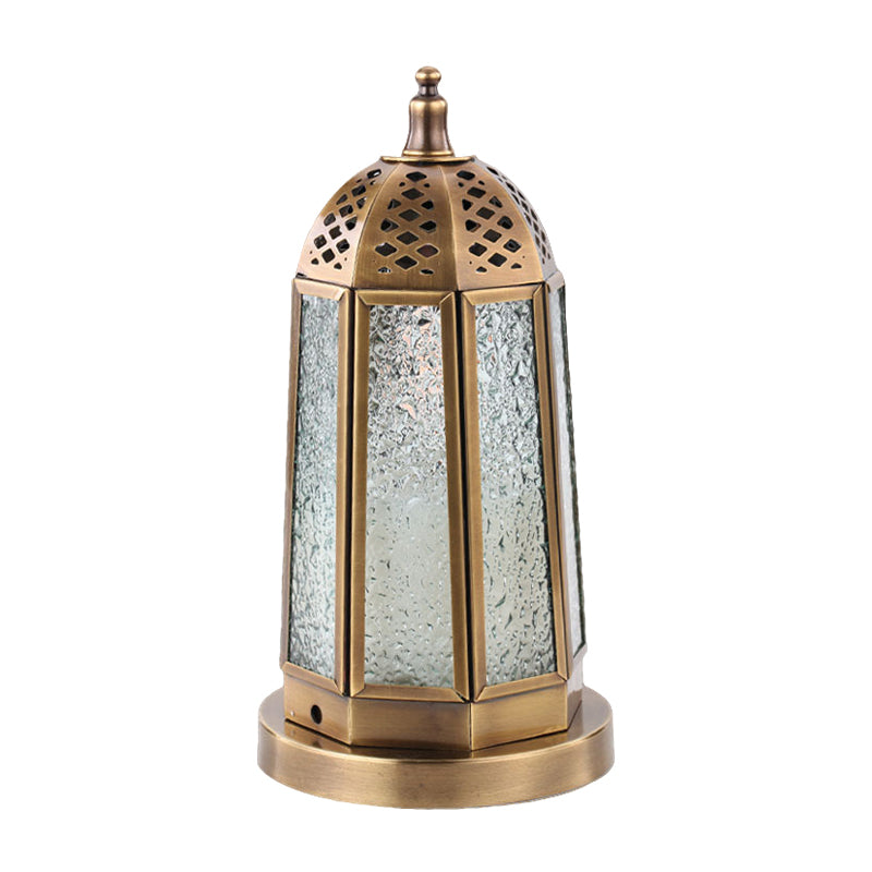 Antiqued Tower Desk Lighting 1 Head Clear Pebbled Glass Night Table Lamp in Brass