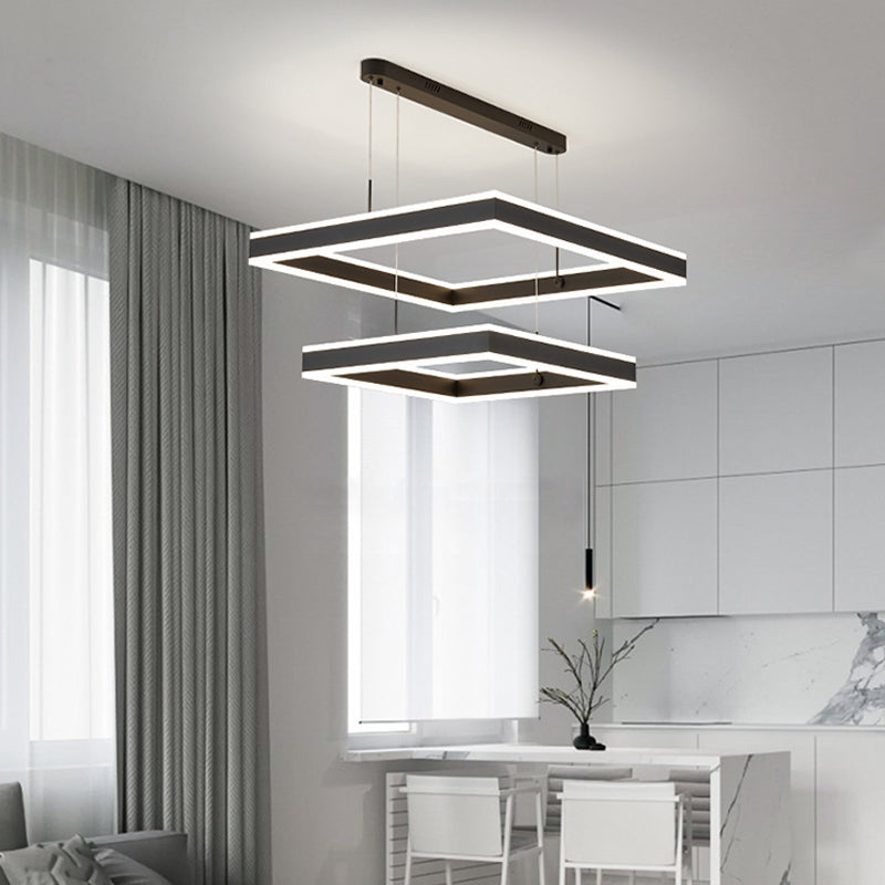 Square LED Chandelier Modern 2-Layer Hanging Pendant Lights with White Acrylic Shade