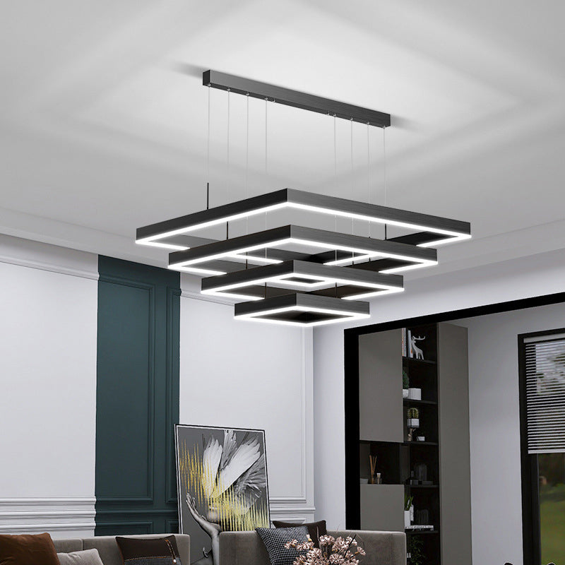 Modern Metal Chandelier Multi-Layer Square Chandelier Pendant Lamps in Black for Living Room