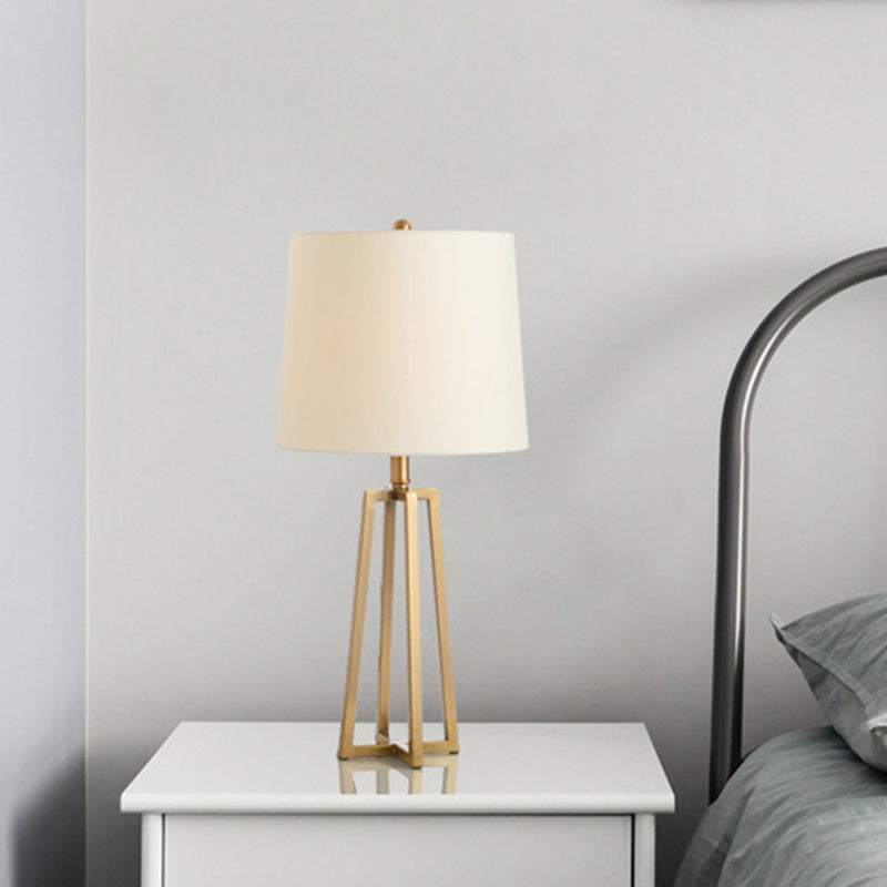 Drum Fabric Table Light Modern 1 Head White Desk Lamp with Trapezoid Gold Metal Base