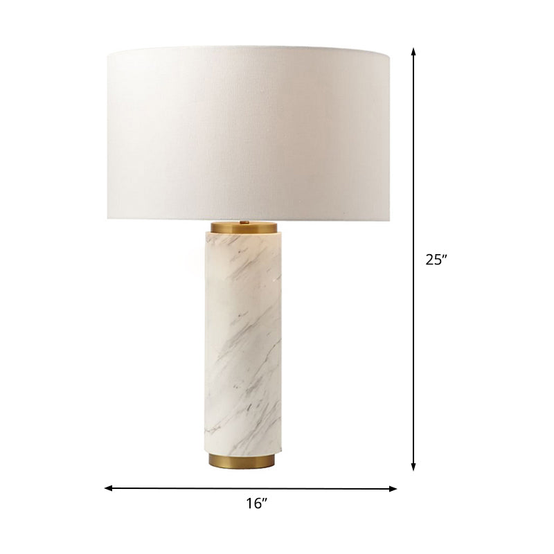 Cylindrical Task Lamp Modernism Fabric 1 Head White Table Light with Marble Base