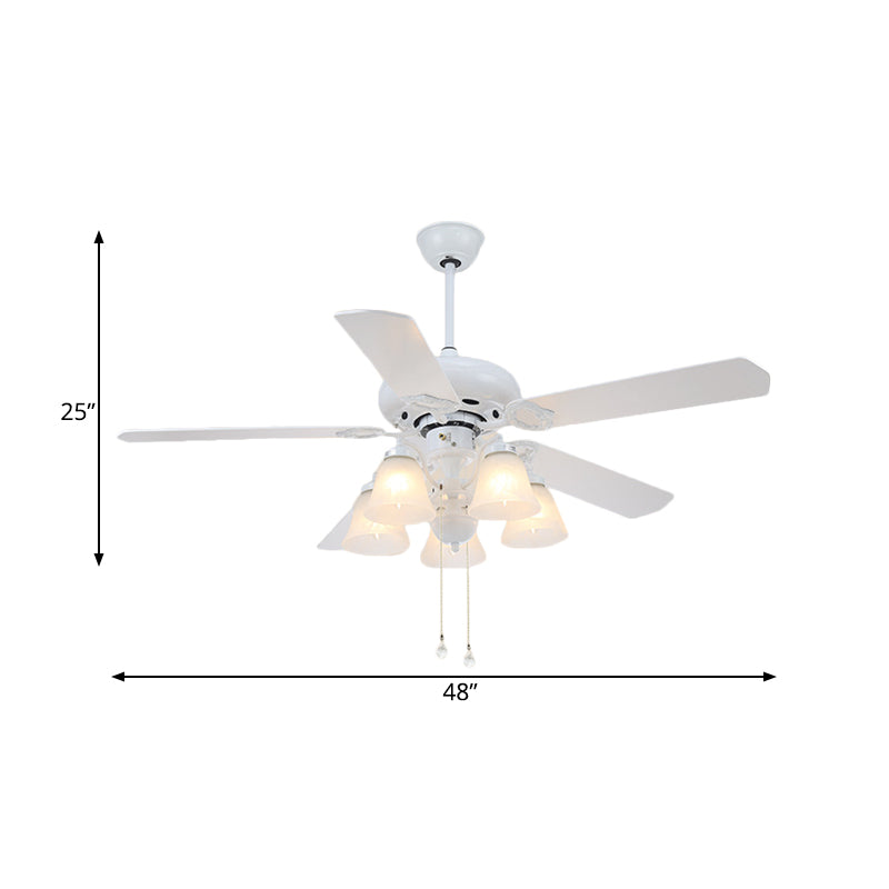 White 5 luces colgando ventilador de ventilador modernista ópalo lámpara de semi descarga con 5 cuchillas para sala de estar, 48 "W