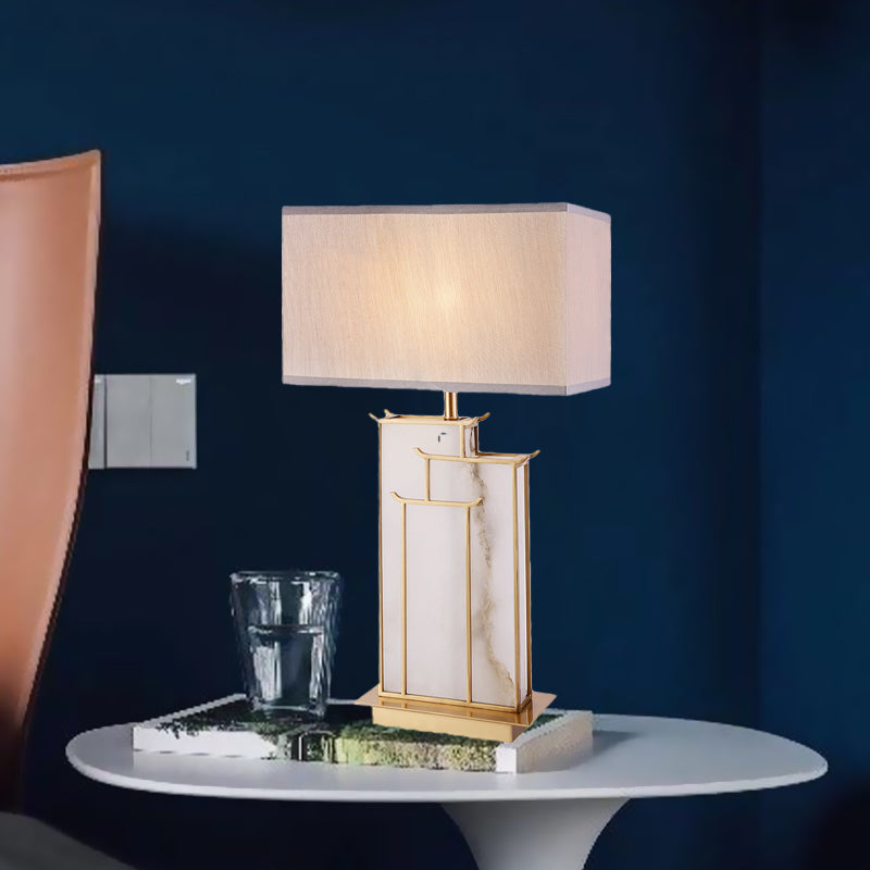 Lampe de table rectangulaire moderne en tissu, éclairage de travail à 1 ampoule, blanc avec base en marbre