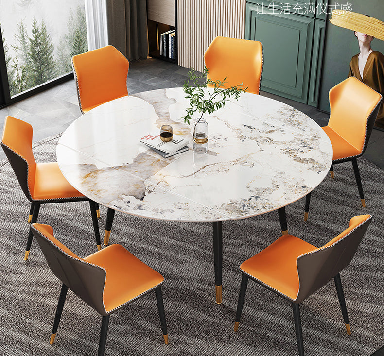 Traditional Luxury Round Drop-Leaf Dining Table Stone Furniture for Dining Room