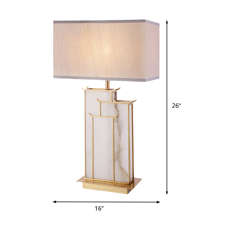 Lampe de table rectangulaire moderne en tissu, éclairage de travail à 1 ampoule, blanc avec base en marbre