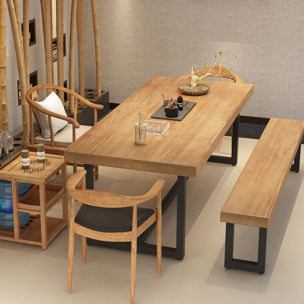 Metal Industrial Rectangle Dining Table Wood Top Table with Trestle Base