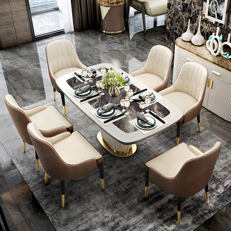 Glam Marble Rectangle Shape Dining Table Standard Kitchen Dining Table with Pedestal Base