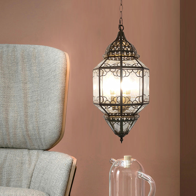 3-Head Pendant Lighting Antiqued Arab Balcony Hanging Chandelier with Lantern Clear Glass Shade in Bronze