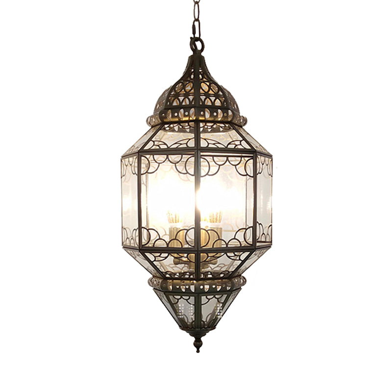 3-Head Pendant Lighting Antiqued Arab Balcony Hanging Chandelier with Lantern Clear Glass Shade in Bronze