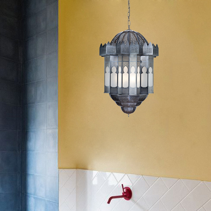 6 Heads Lantern Ceiling Chandelier Art Deco Grey Finish Metallic Hanging Pendant Light