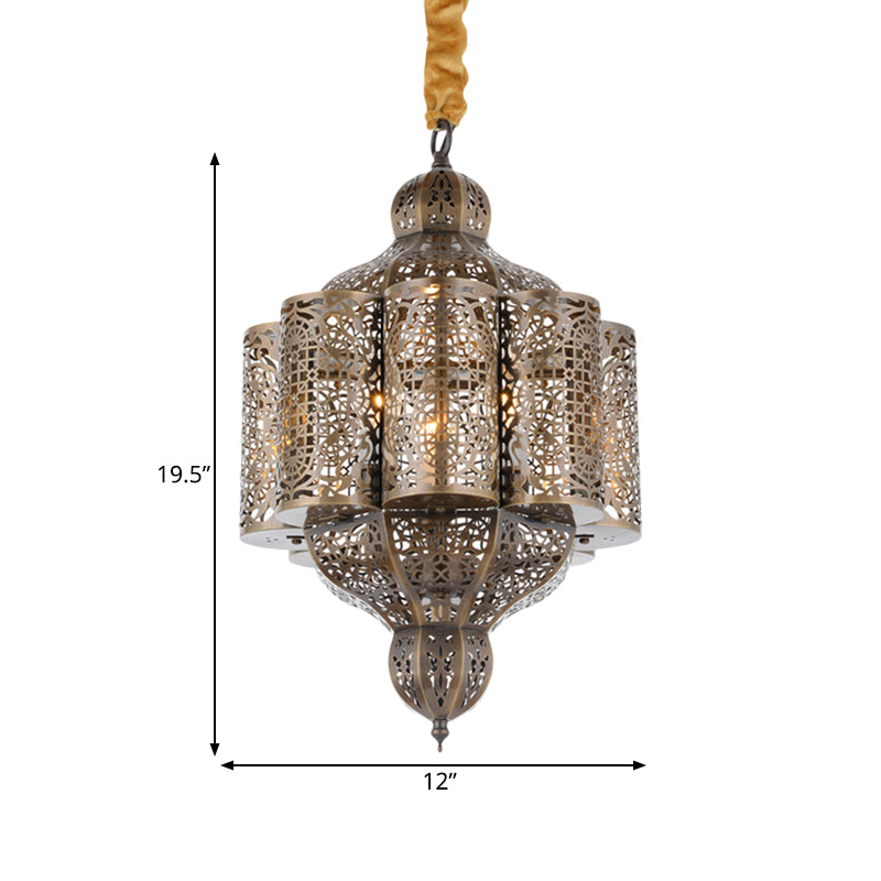 3 Lights Metal Hanging Chandelier Vintage Brass Castle Shape Living Room Suspension Lamp with Hollowed Out Design